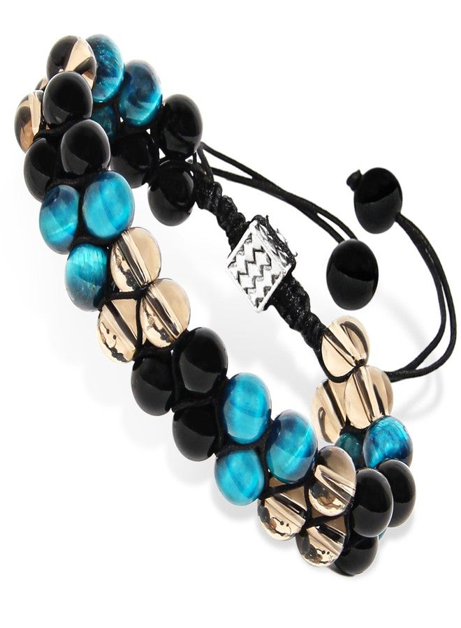 Orientrea Triple Protection Bracelet- Blue Tiger's Eye, Black Obsidian & Smoky Quartz, 8mm Handmade Healing Crystal Bead Bracelets for Luck, Prosperity, Protection & Balance, Gift for Men & Women - Image 1